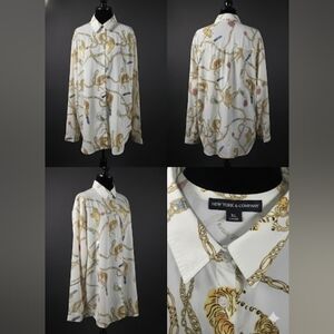 Gold and White Casual Button Down Shirt with Vintage Chain Design